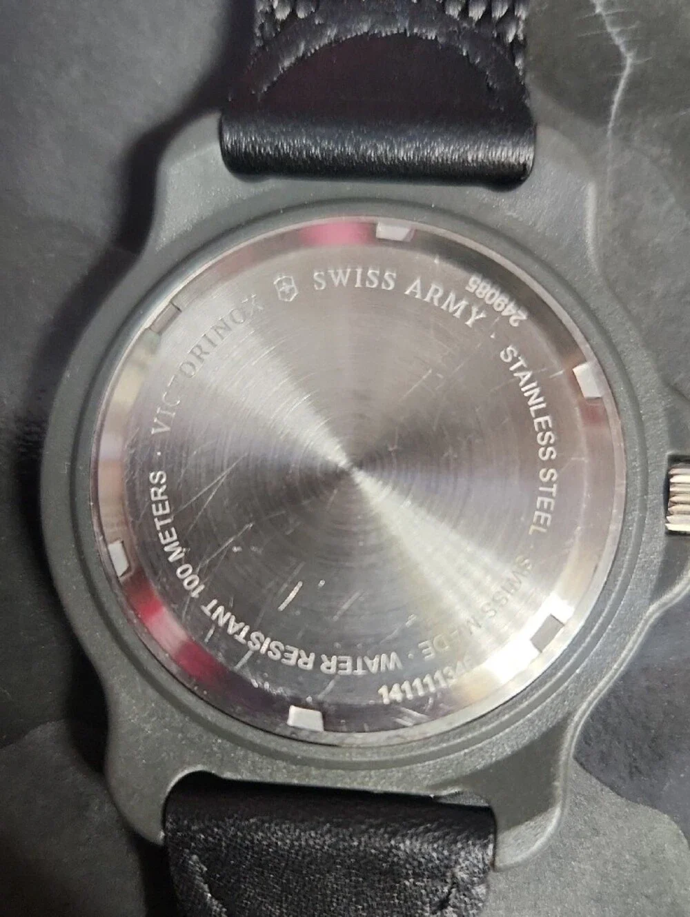 Victorinox Red-Bezel Silver Field Watch with Black Strap
